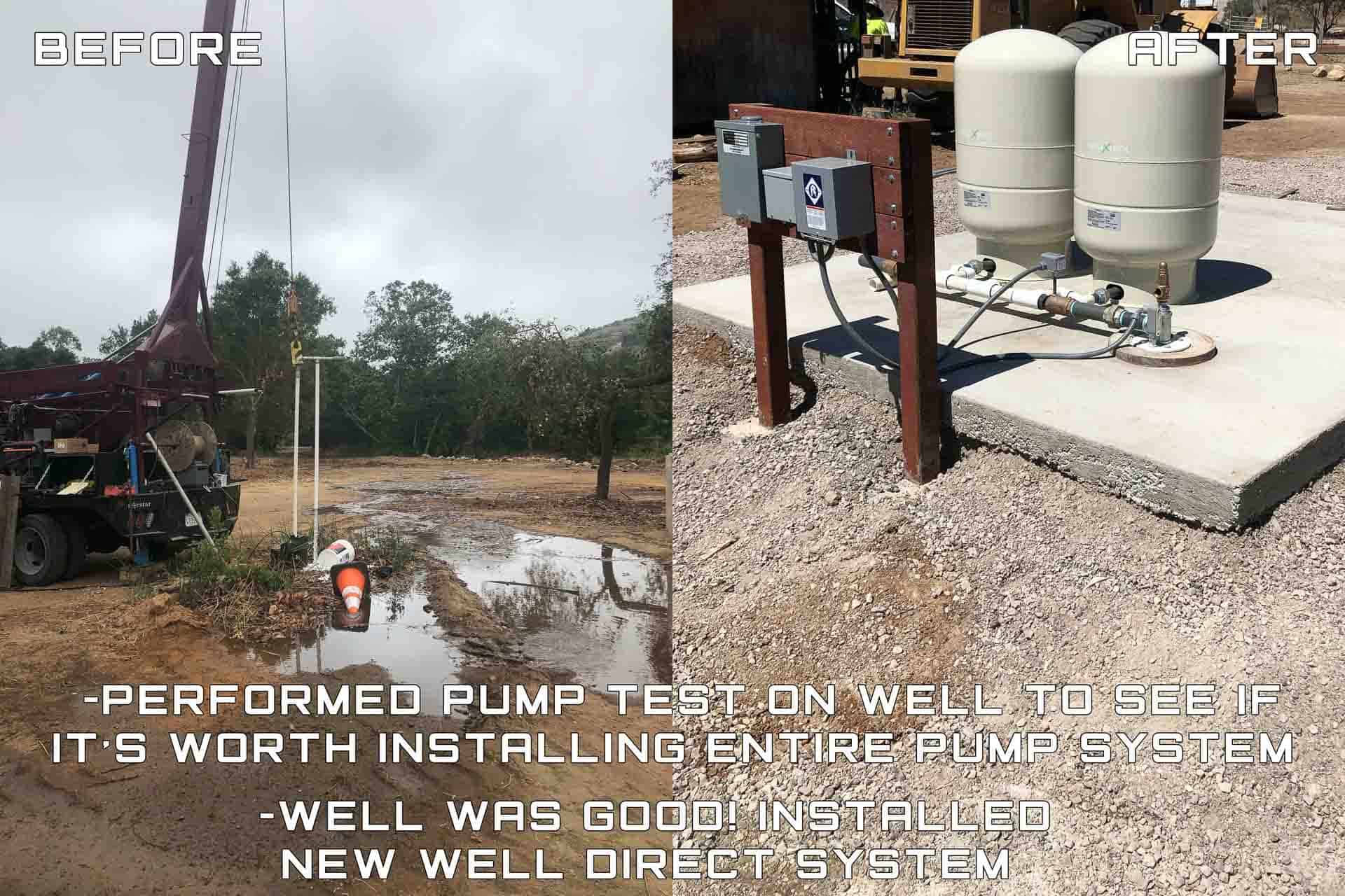 Before and after comparison of a well system installation. Left: A pump test being performed with a well drilling rig in a muddy field. Right: A newly installed well system with two pressure tanks, electrical control panels, and secured piping on a concrete pad.