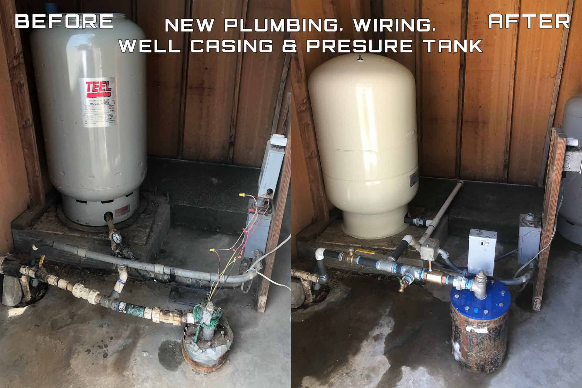 Before and after comparison of a well system upgrade. Left: Old plumbing, wiring, and pressure tank with exposed wires. Right: Newly installed pressure tank, updated plumbing, and a secure well casing for improved water system reliability.