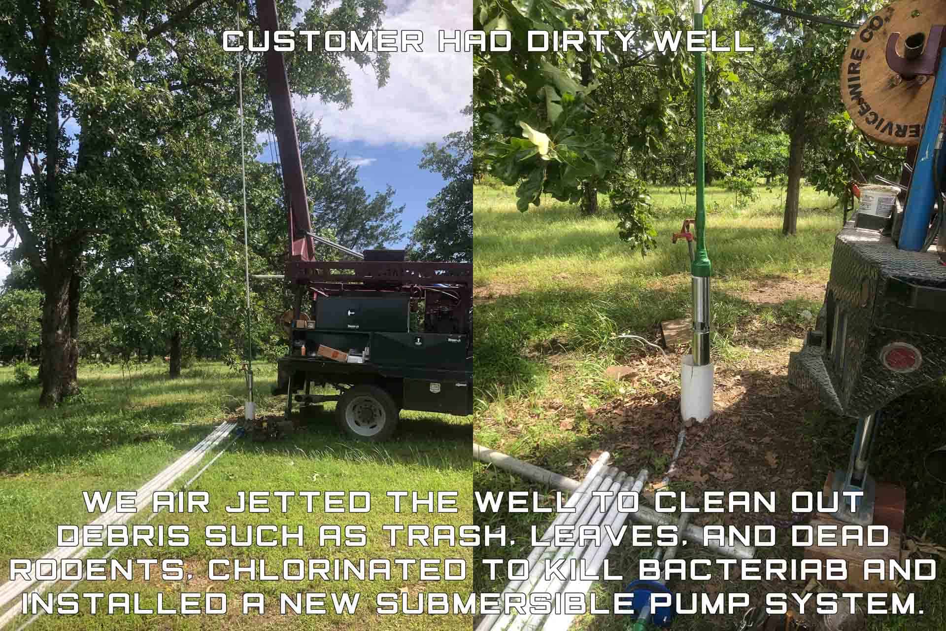 Side-by-side comparison of a well cleaning and pump installation process. Left: A well service truck using air jetting to remove debris. Right: A newly installed submersible pump with a green hand pump for clean water access.