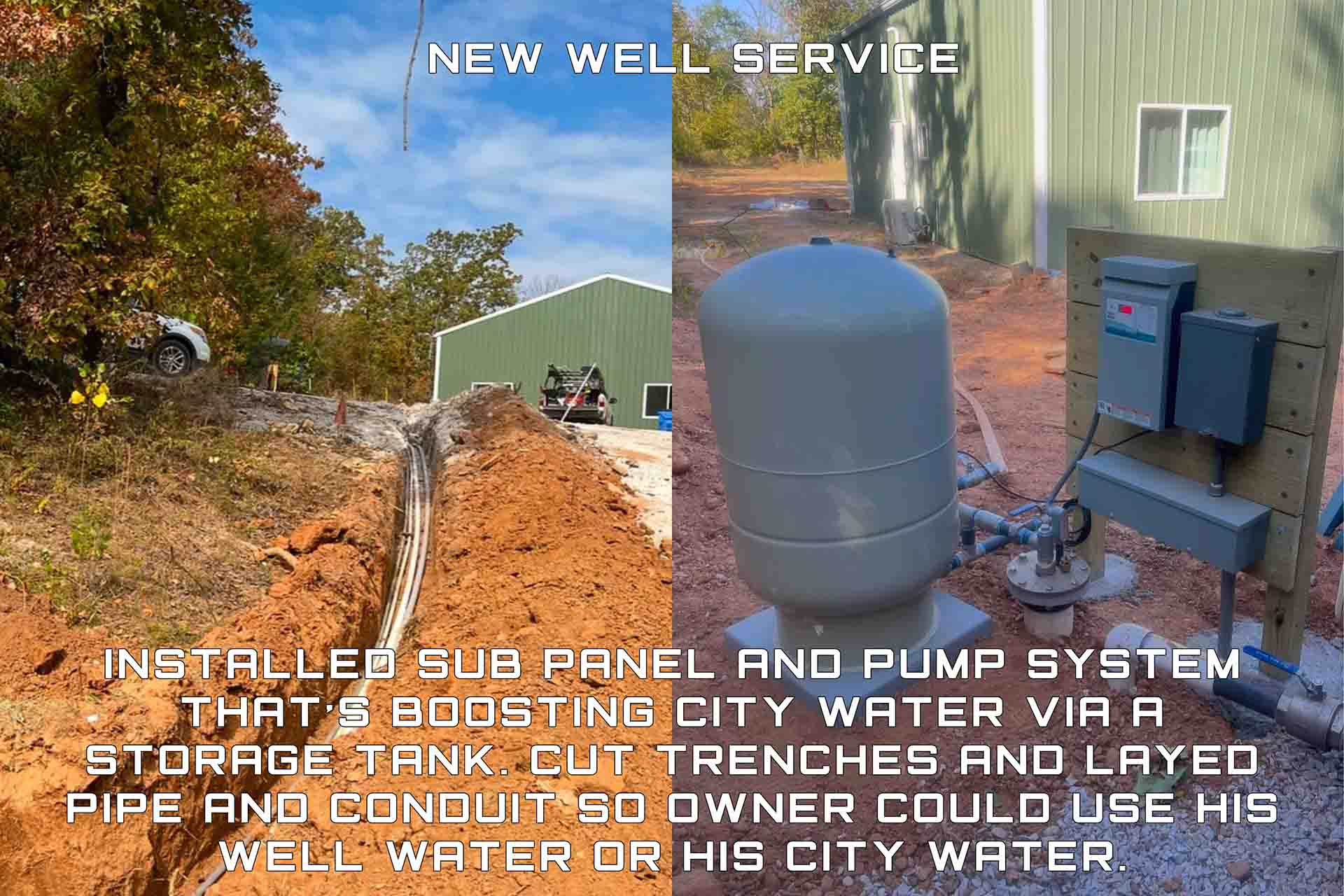 Side-by-side images of a new well installation. Left: Trenches with pipes and conduit leading to a building. Right: A newly installed pump system with a pressure tank and electrical panel, boosting city water via a storage tank.