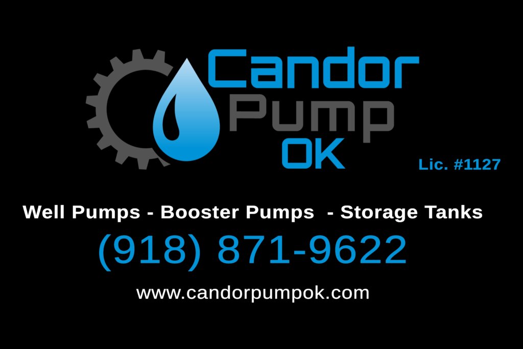 Candor Pump OK logo with a blue water droplet and gear icon. Text includes residential and commercial water well services, installation, and repair, along with the company phone number (918) 871-9622 and website www.candorpumpok.com.